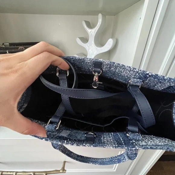 FION Oil Painting Jacquard with Leather Tote Bag Navy Blue Purse BRAND NEW - Picture 9 of 13